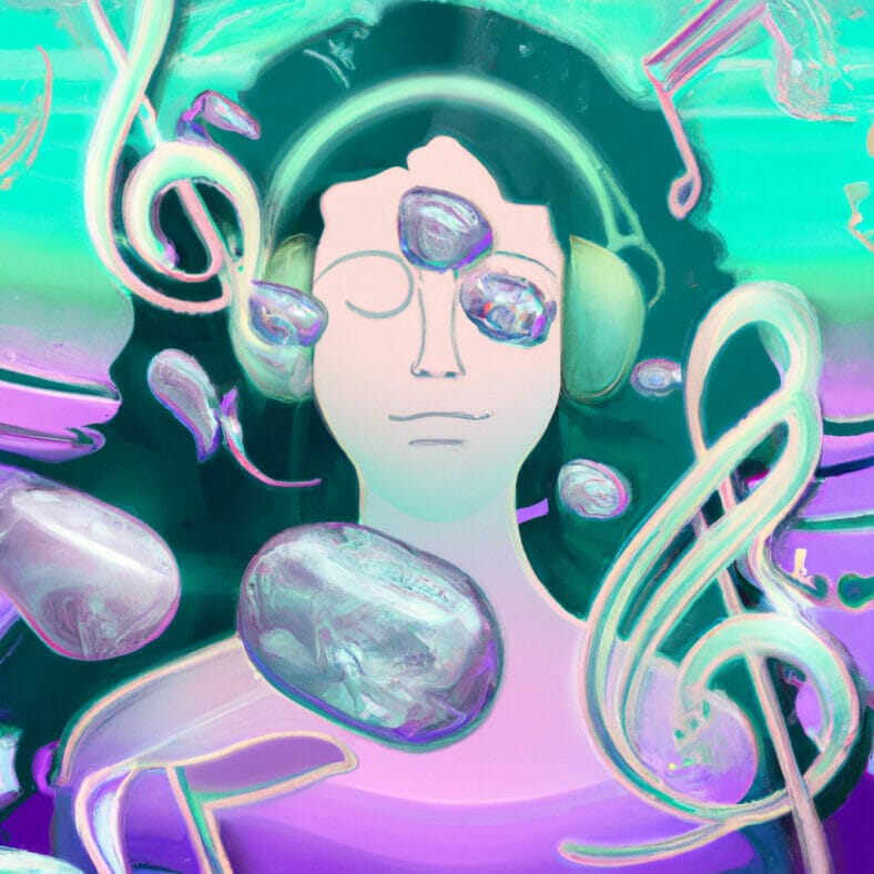 E showing a serene individual with closed eyes, wearing headphones, bathed in soft pastel colors, surrounded by calming waves, musical notes, and healing crystals