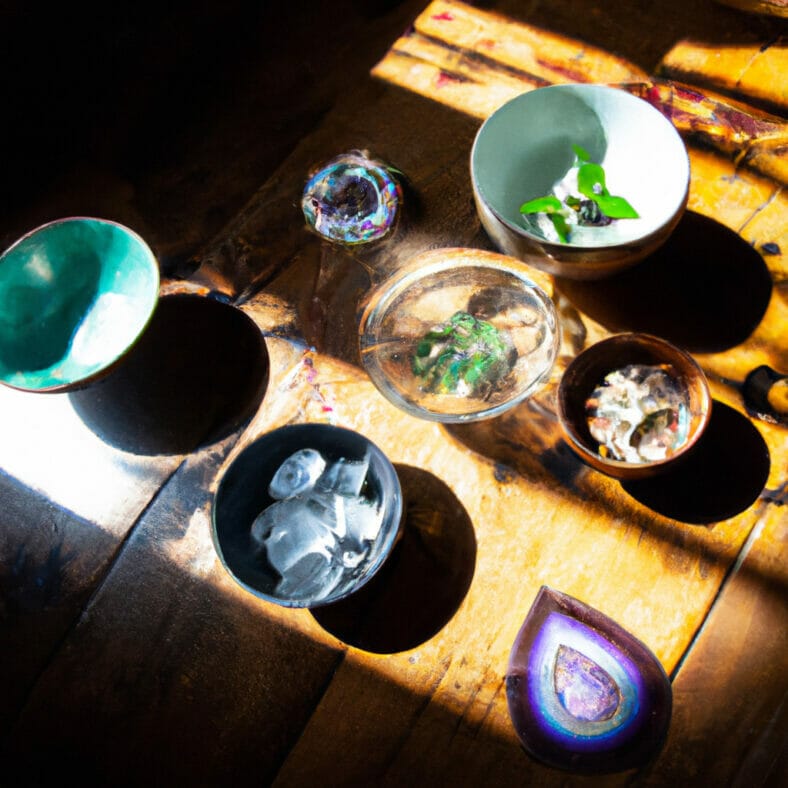Serene wellness space, lit by soft natural light, featuring a variety of spiritual bowls arranged artistically on a wooden table, with elements of nature like plants and crystals, depicting tranquility