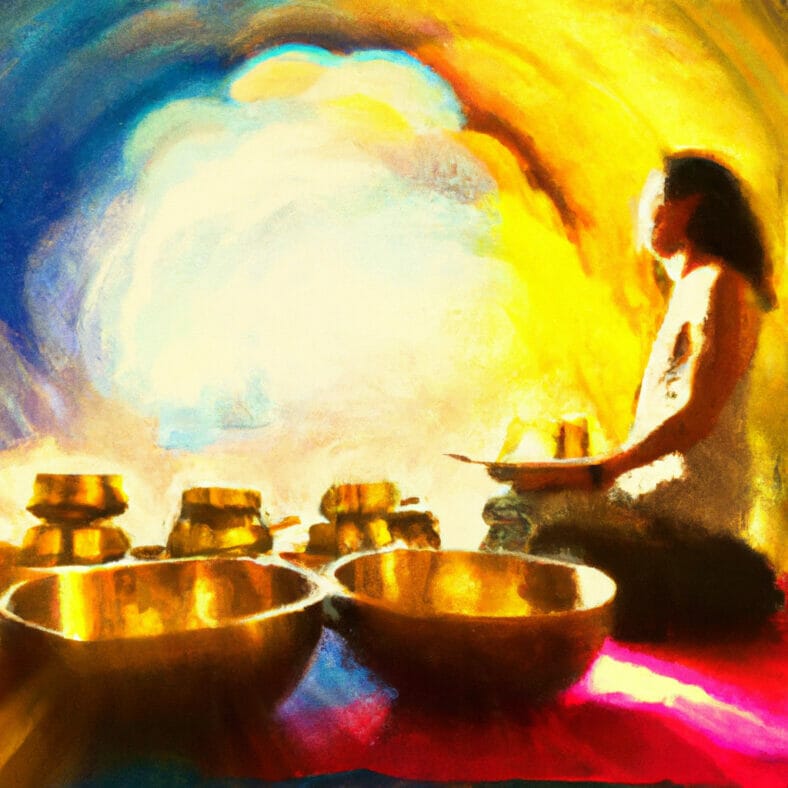 Serene, meditative scene with a person sitting cross-legged, surrounded by glowing, vibrational Tibetan singing bowls, with soft colors of healing energy radiating from them
