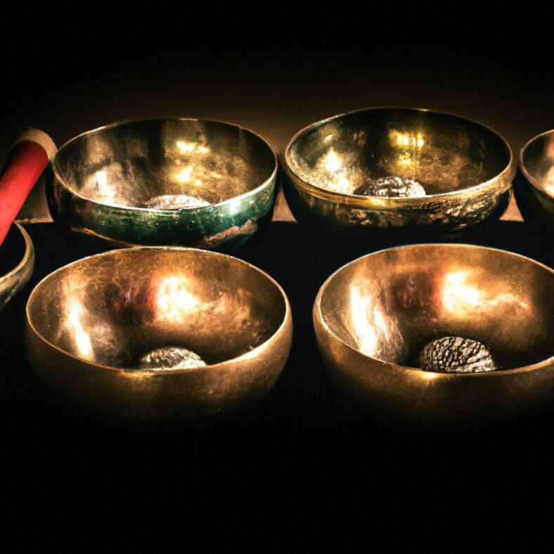 E several Tibetan singing bowls arranged harmoniously, each emanating a vibrant, distinct color symbolizing different aspects of spiritual wellness, all surrounded by a glowing aura of serenity