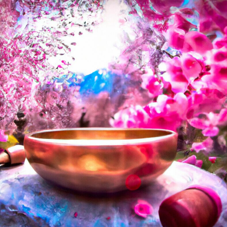 an image featuring a serene meditator, a glowing Tibetan singing bowl producing visible sound waves, amidst a tranquil Zen garden with cherry blossoms gently falling