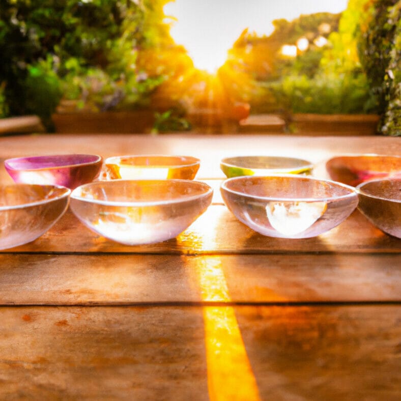 Y a serene arrangement of five different spiritual wellness bowls, each filled with gemstones, on a wooden table, set against a peaceful garden background with a glowing sunrise