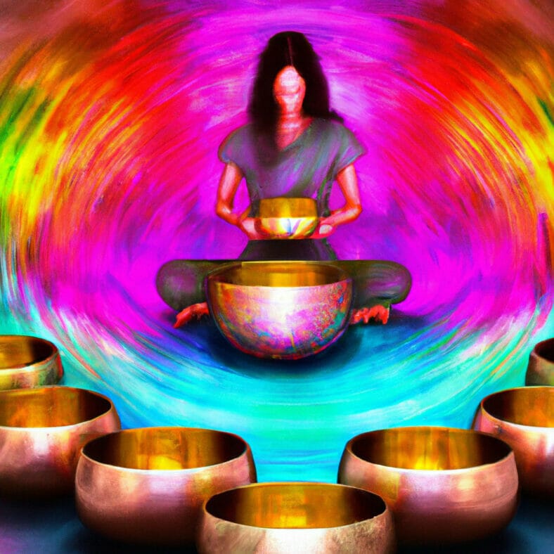 An image featuring a serene person sitting cross-legged, surrounded by vibrantly hued singing bowls